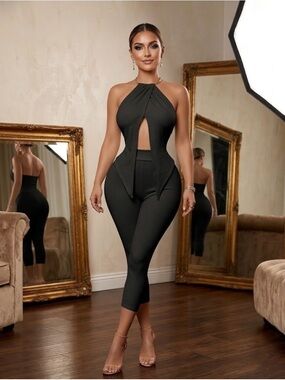 Elegant Black Halter Cutout Jumpsuit